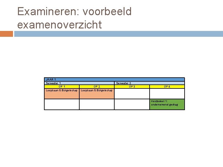 Examineren: voorbeeld examenoverzicht JAAR 1 Semester 1 OP 1 Loopbaan & Burgerschap OP 2