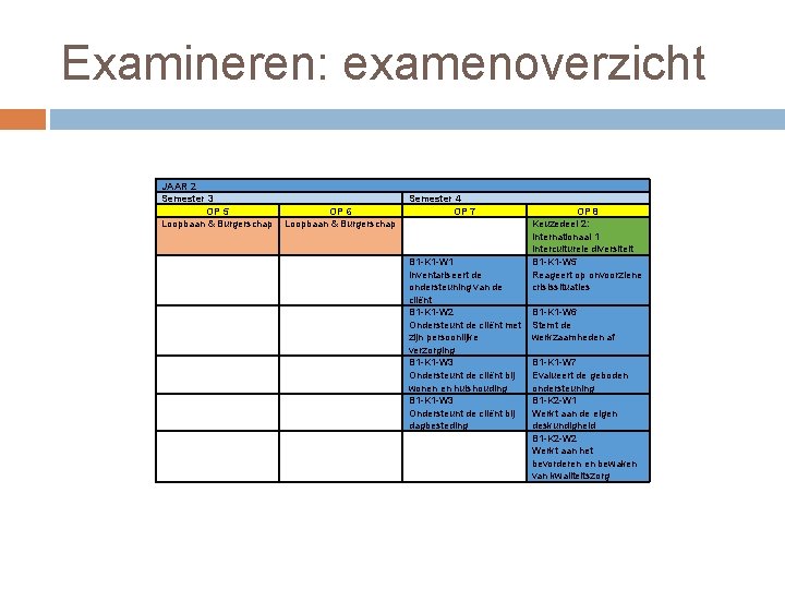 Examineren: examenoverzicht JAAR 2 Semester 3 OP 5 Loopbaan & Burgerschap OP 6 Loopbaan