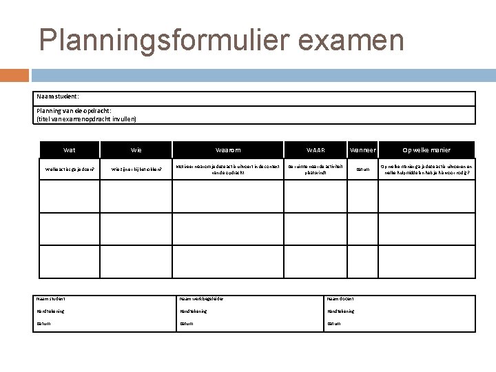 Planningsformulier examen Naam student: Planning van de opdracht: (titel van examenopdracht invullen) Wat Wie