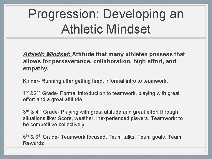Progression: Developing an Athletic Mindset: Attitude that many athletes possess that allows for perseverance,