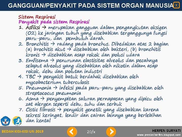 GANGGUAN/PENYAKIT PADA SISTEM ORGAN MANUSIA X Sistem Respirasi Penyakit pada sistem Respirasi 1. Asfiksi