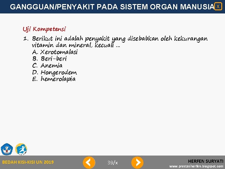 GANGGUAN/PENYAKIT PADA SISTEM ORGAN MANUSIA X Uji Kompetensi 1. Berikut ini adalah penyakit yang