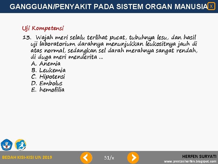 GANGGUAN/PENYAKIT PADA SISTEM ORGAN MANUSIA X Uji Kompetensi 13. Wajah meri selalu terlihat pucat,