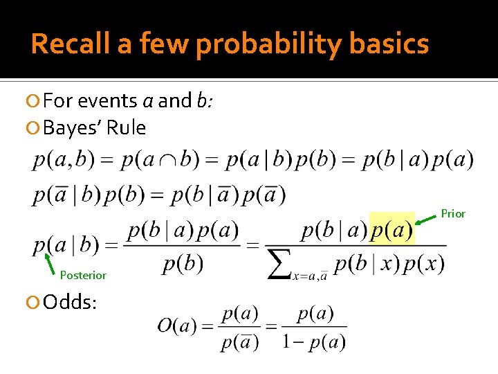 Recall a few probability basics For events a and b: Bayes’ Rule Prior Posterior