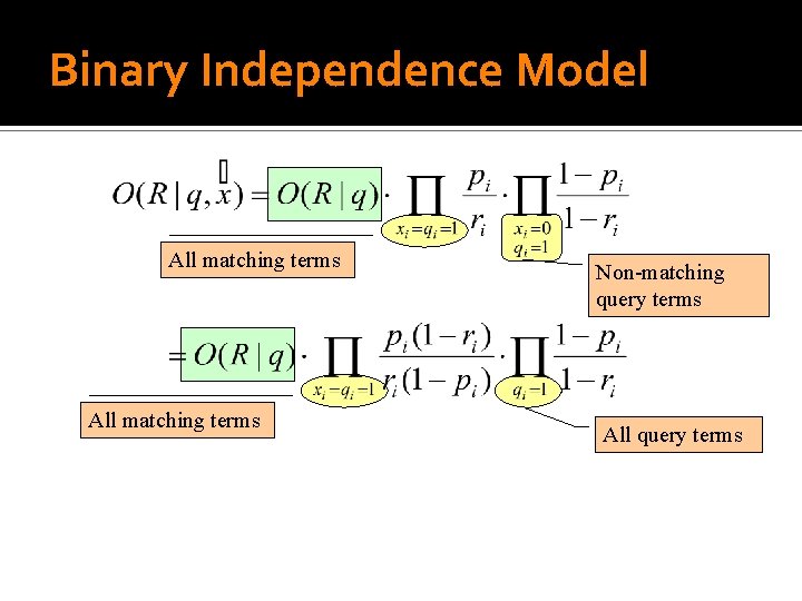 Binary Independence Model All matching terms Non-matching query terms All query terms 