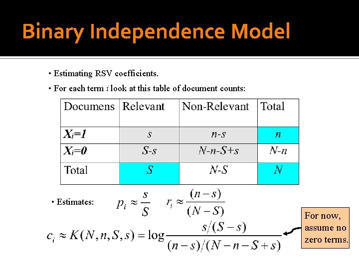 Binary Independence Model • Estimating RSV coefficients. • For each term i look at