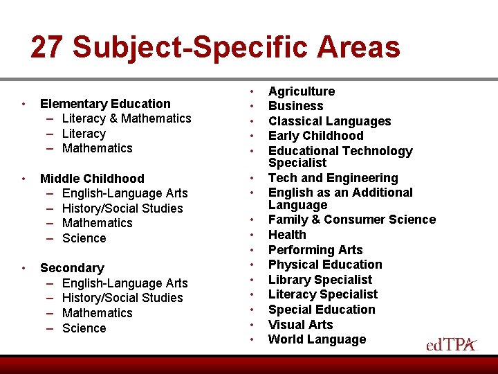 27 Subject-Specific Areas • Elementary Education – Literacy & Mathematics – Literacy – Mathematics