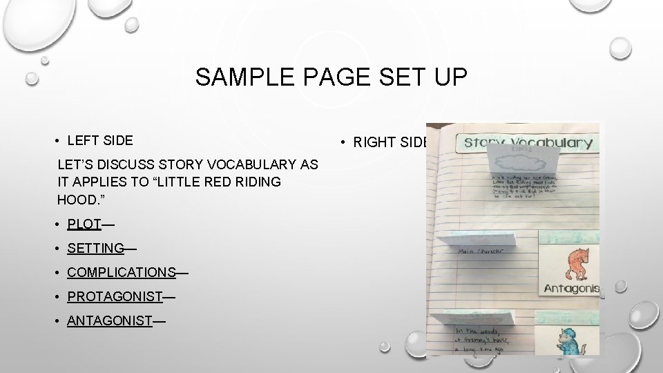 SAMPLE PAGE SET UP • LEFT SIDE LET’S DISCUSS STORY VOCABULARY AS IT APPLIES