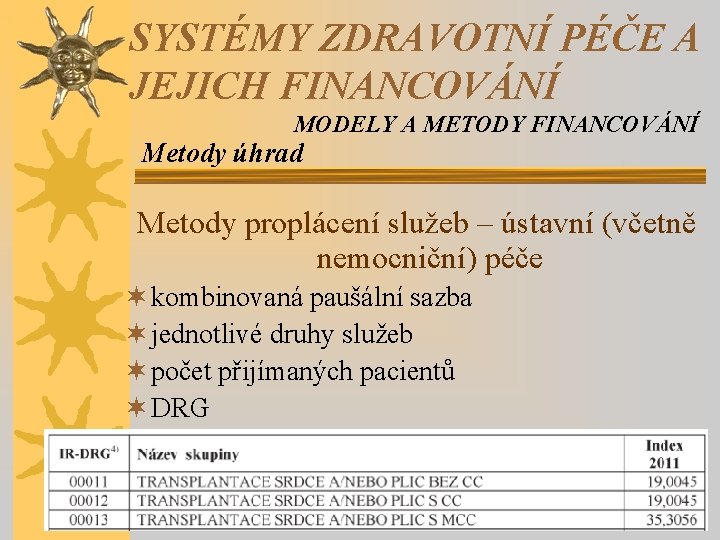 SYSTÉMY ZDRAVOTNÍ PÉČE A JEJICH FINANCOVÁNÍ MODELY A METODY FINANCOVÁNÍ Metody úhrad Metody proplácení