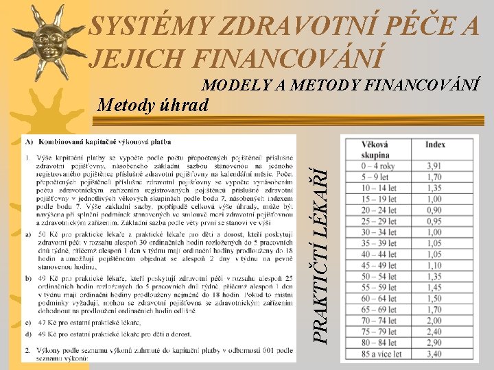 SYSTÉMY ZDRAVOTNÍ PÉČE A JEJICH FINANCOVÁNÍ MODELY A METODY FINANCOVÁNÍ PRAKTIČTÍ LÉKAŘÍ Metody úhrad