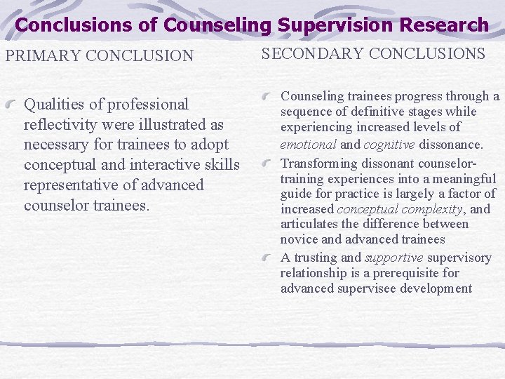 Conclusions of Counseling Supervision Research PRIMARY CONCLUSION Qualities of professional reflectivity were illustrated as