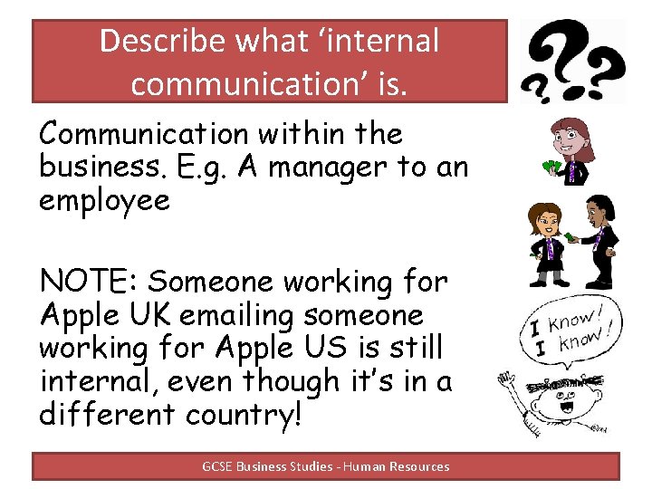 Describe what ‘internal communication’ is. Communication within the business. E. g. A manager to
