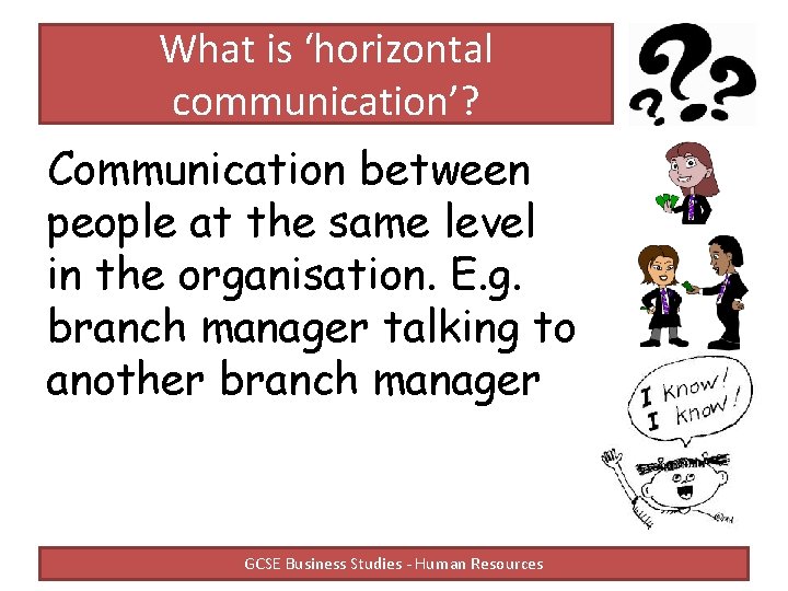 What is ‘horizontal communication’? Communication between people at the same level in the organisation.