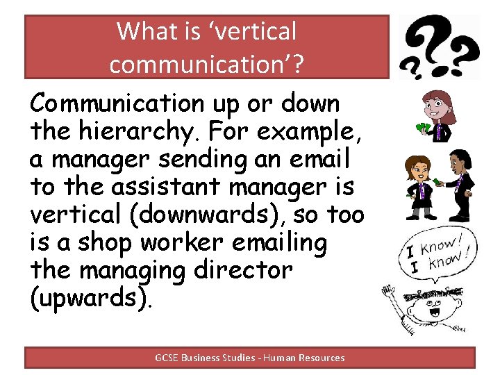 What is ‘vertical communication’? Communication up or down the hierarchy. For example, a manager What is ‘vertical communication’? Communication up or down the hierarchy. For example, a manager