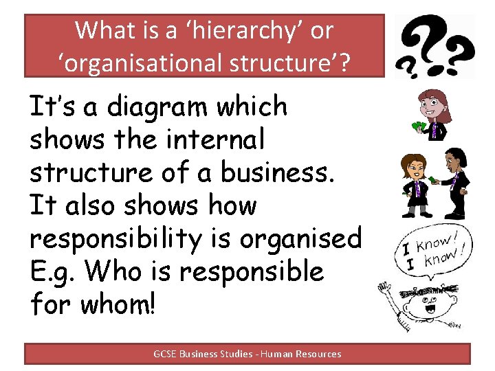 What is a ‘hierarchy’ or ‘organisational structure’? It’s a diagram which shows the internal What is a ‘hierarchy’ or ‘organisational structure’? It’s a diagram which shows the internal