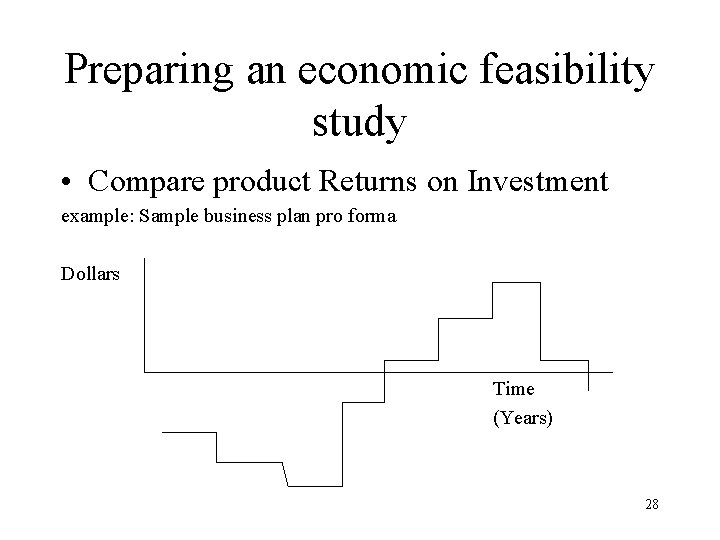 Preparing an economic feasibility study • Compare product Returns on Investment example: Sample business