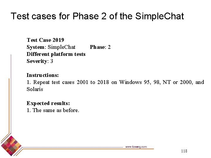 Test cases for Phase 2 of the Simple. Chat Test Case 2019 System: Simple.