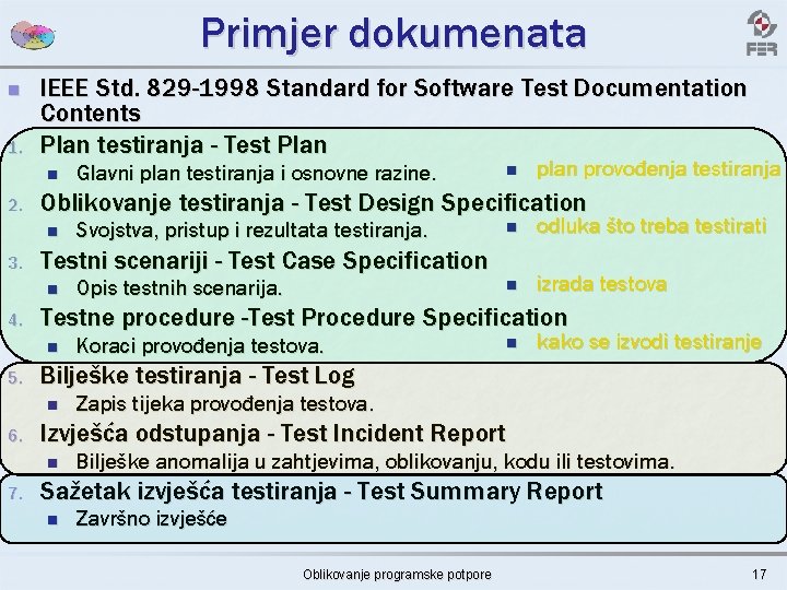 Primjer dokumenata n 1. IEEE Std. 829 -1998 Standard for Software Test Documentation Contents