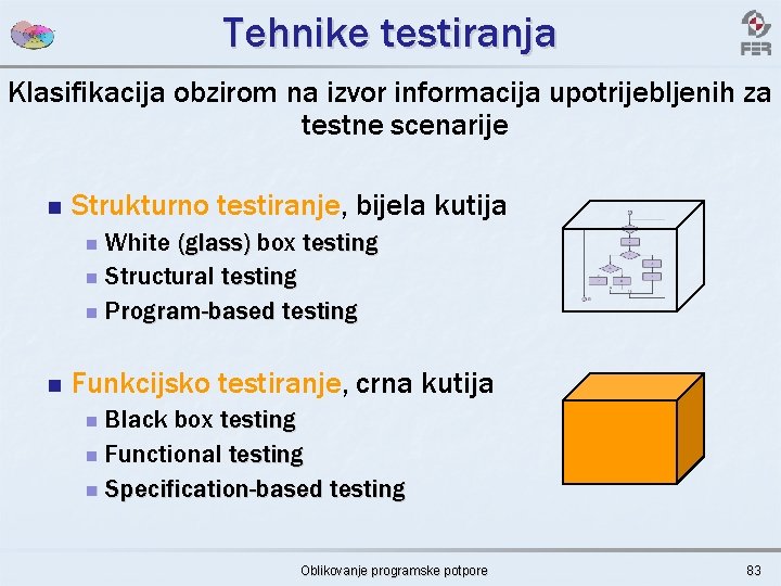 Tehnike testiranja Klasifikacija obzirom na izvor informacija upotrijebljenih za testne scenarije n Strukturno testiranje,