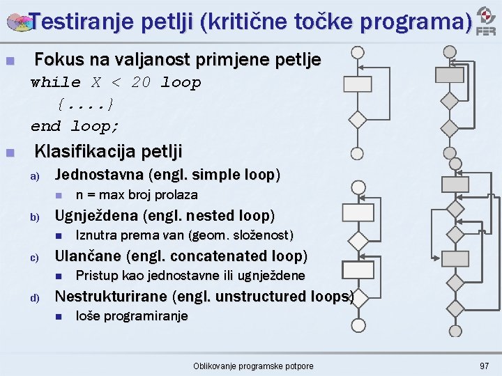 Testiranje petlji (kritične točke programa) n Fokus na valjanost primjene petlje while X <