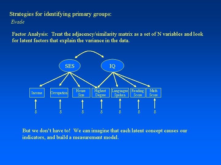 Strategies for identifying primary groups: Evade Factor Analysis: Treat the adjacency/similarity matrix as a