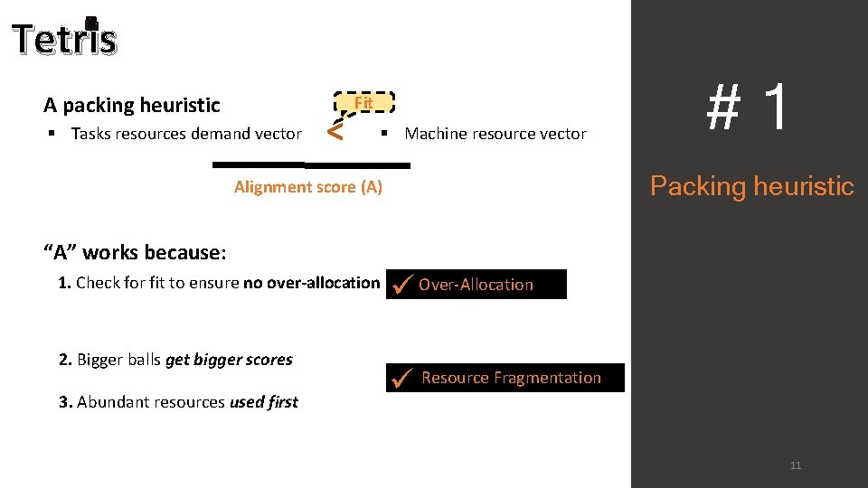 Tetris A packing heuristic § Tasks resources demand vector < Fit § Machine resource