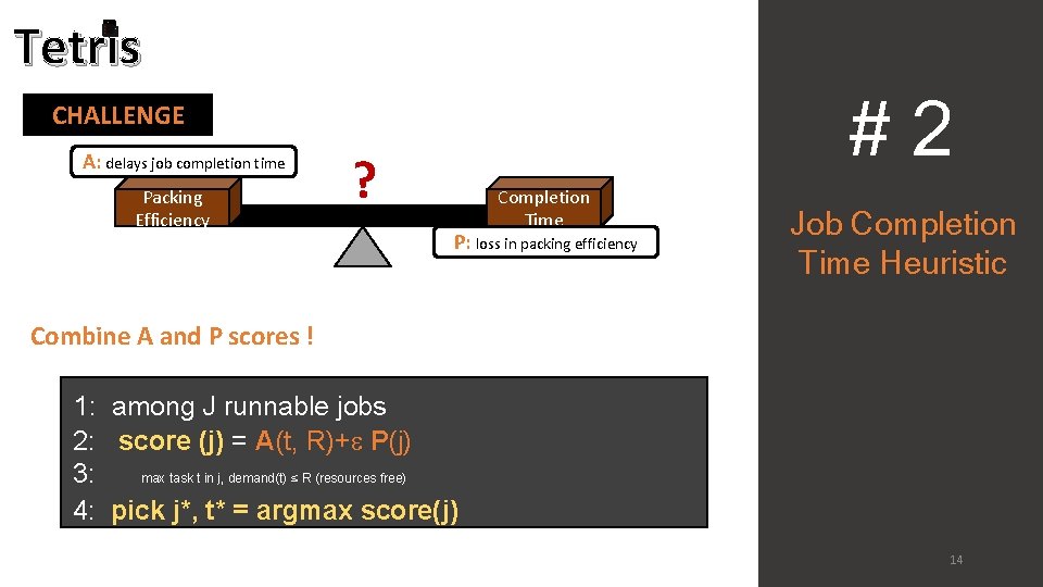 Tetris #2 CHALLENGE A: delays job completion time Packing Efficiency ? Completion Time P: