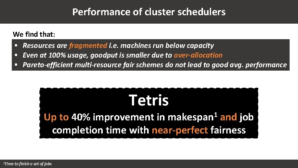 Performance of cluster schedulers We find that: § Resources are fragmented i. e. machines