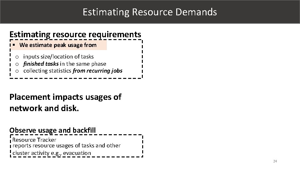 Estimating Resource Demands Estimating resource requirements § We estimate peak usage from o inputs