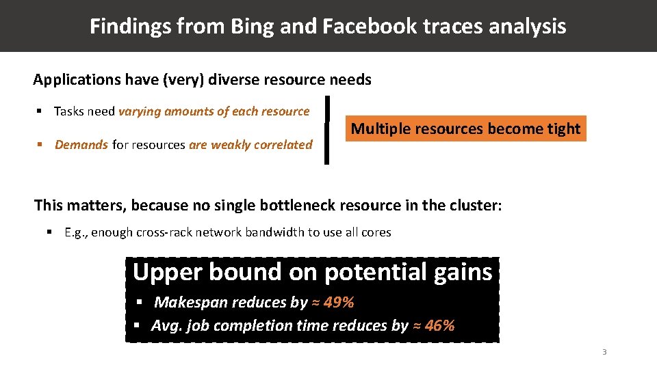 Findings from Bing and Facebook traces analysis Applications have (very) diverse resource needs §