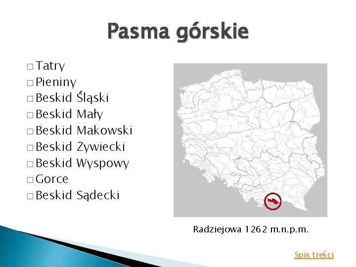 Pasma górskie � Tatry � Pieniny � Beskid Śląski Mały Makowski Żywiecki Wyspowy �