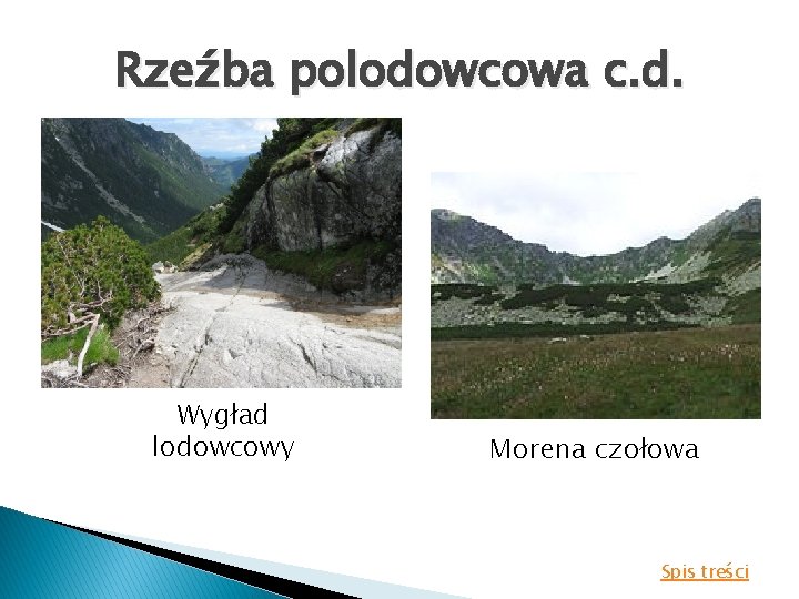 Rzeźba polodowcowa c. d. Wygład lodowcowy Morena czołowa Spis treści 