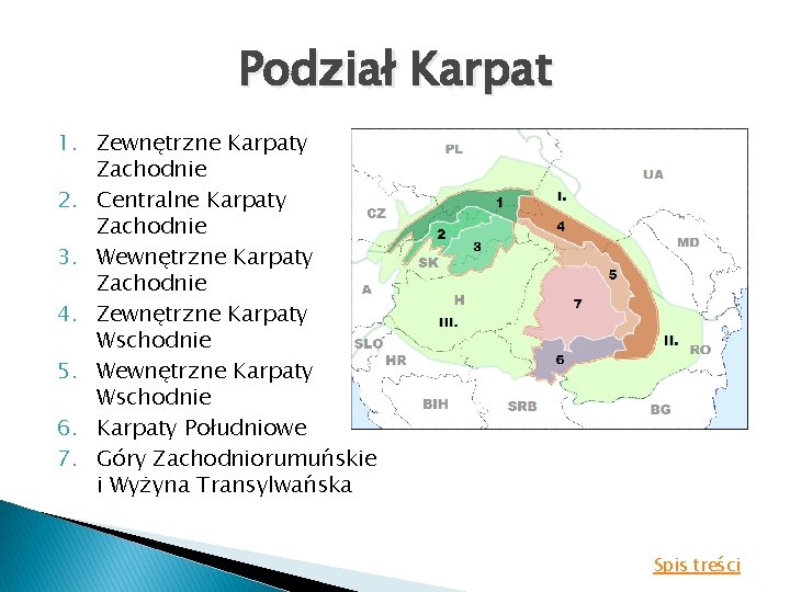 Podział Karpat 1. Zewnętrzne Karpaty Zachodnie 2. Centralne Karpaty Zachodnie 3. Wewnętrzne Karpaty Zachodnie