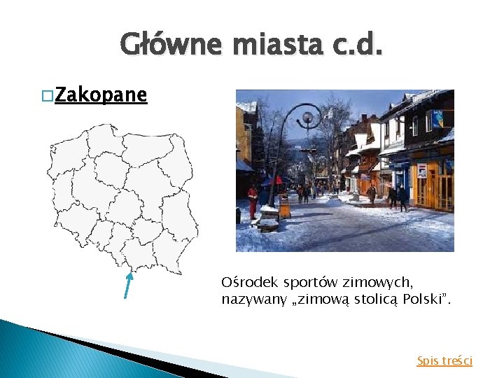 Główne miasta c. d. � Zakopane Ośrodek sportów zimowych, nazywany „zimową stolicą Polski”. Spis