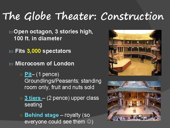 The Globe Theater: Construction Open octagon, 3 stories high, 100 ft. in diameter Fits