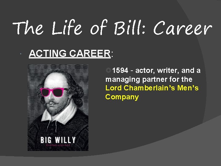 The Life of Bill: Career ACTING CAREER: 1594 – actor, writer, and a managing