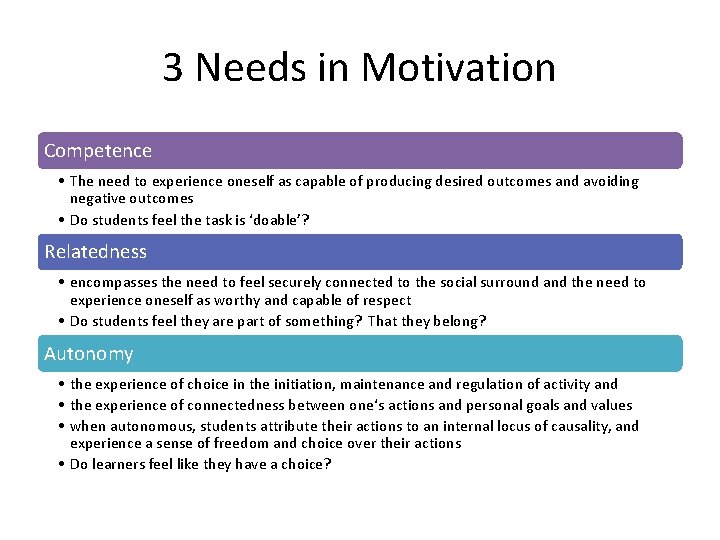 3 Needs in Motivation Competence • The need to experience oneself as capable of