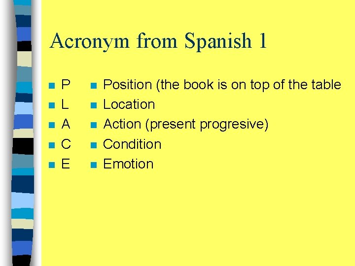 Acronym from Spanish 1 n n n P L A C E n n
