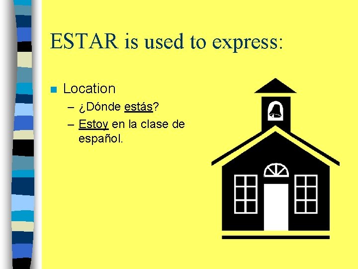 ESTAR is used to express: n Location – ¿Dónde estás? – Estoy en la