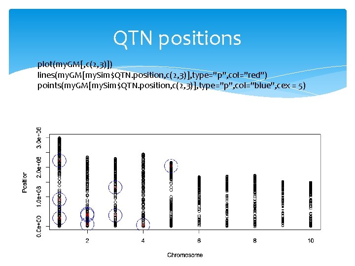 QTN positions plot(my. GM[, c(2, 3)]) lines(my. GM[my. Sim$QTN. position, c(2, 3)], type="p", col="red")