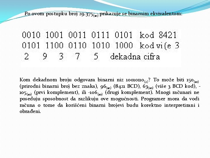 Po ovom postupku broj 29. 375(10) prikazuje se binarnim ekvivalentom: Kom dekadnom broju odgovara