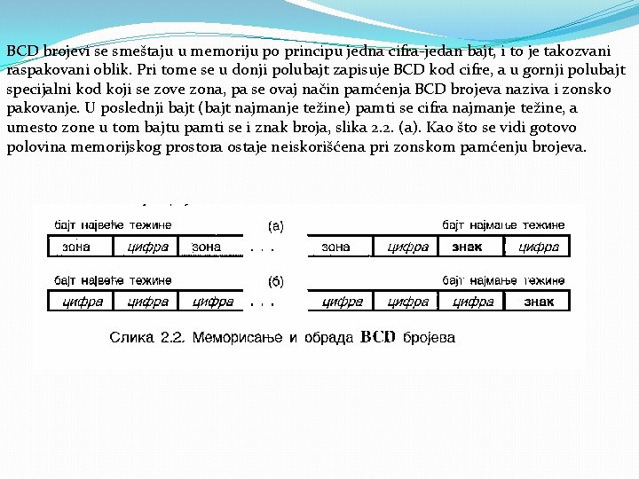 BCD brojevi se smeštaju u memoriju po principu jedna cifra jedan bajt, i to