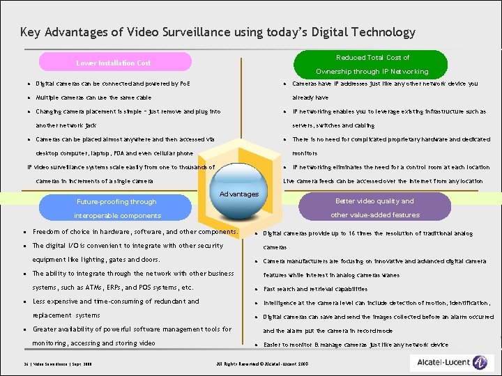 Key Advantages of Video Surveillance using today’s Digital Technology Reduced Total Cost of Lower