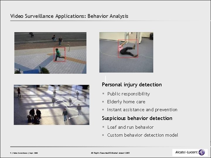 Video Surveillance Applications: Behavior Analysis Personal injury detection § Public responsibility § Elderly home