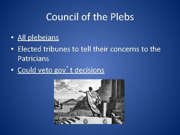 Council of the Plebs • All plebeians • Elected tribunes to tell their concerns