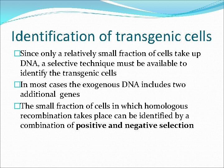 Identification of transgenic cells �Since only a relatively small fraction of cells take up