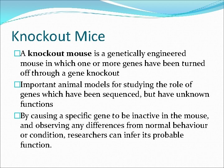 Knockout Mice �A knockout mouse is a genetically engineered mouse in which one or