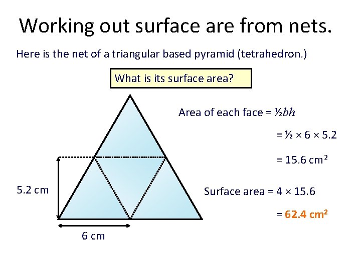 Working out surface are from nets. Here is the net of a triangular based