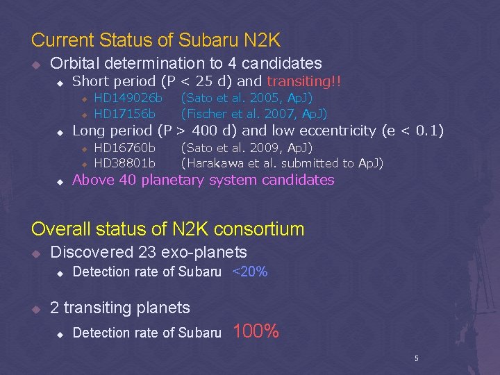 Current Status of Subaru N 2 K u Orbital determination to 4 candidates u