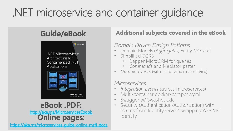 Additional subjects covered in the e. Book Domain aka. ms/Microservices. Architecture Driven Design Patterns